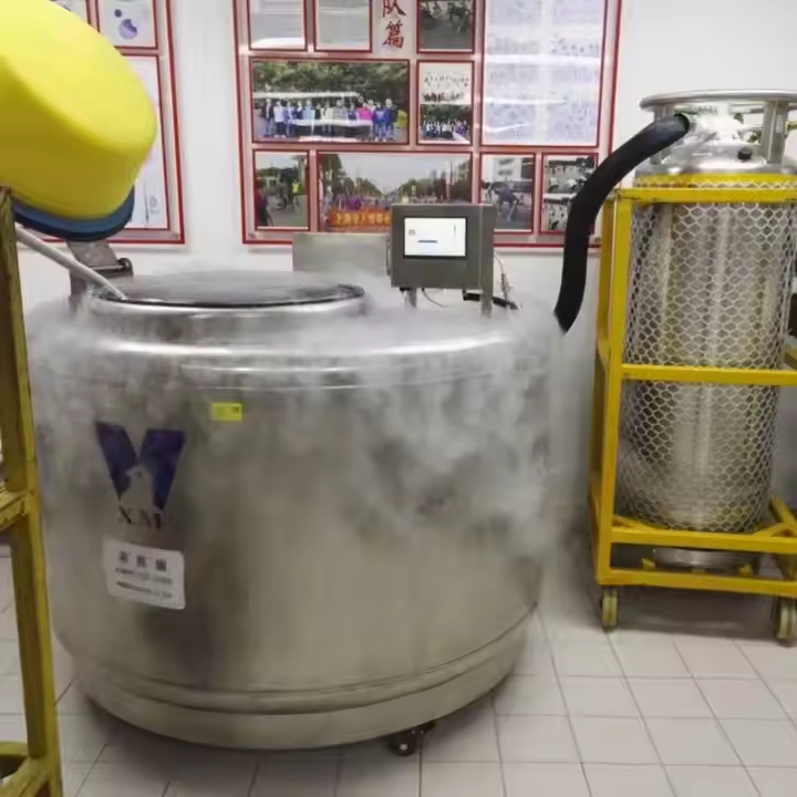 使用液氮罐凍存，外部結霜